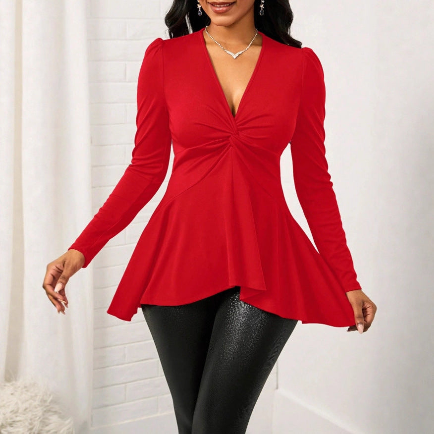 Fashionable V-neck Long-sleeve Casual Top For Women