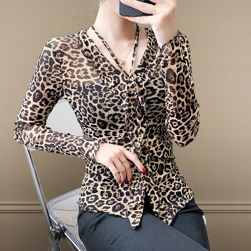 Fashionable Sheer Mesh Floral Long-Sleeve Top For Women