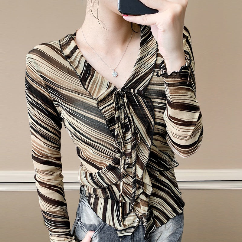 Fashionable Sheer Mesh Floral Long-Sleeve Top For Women