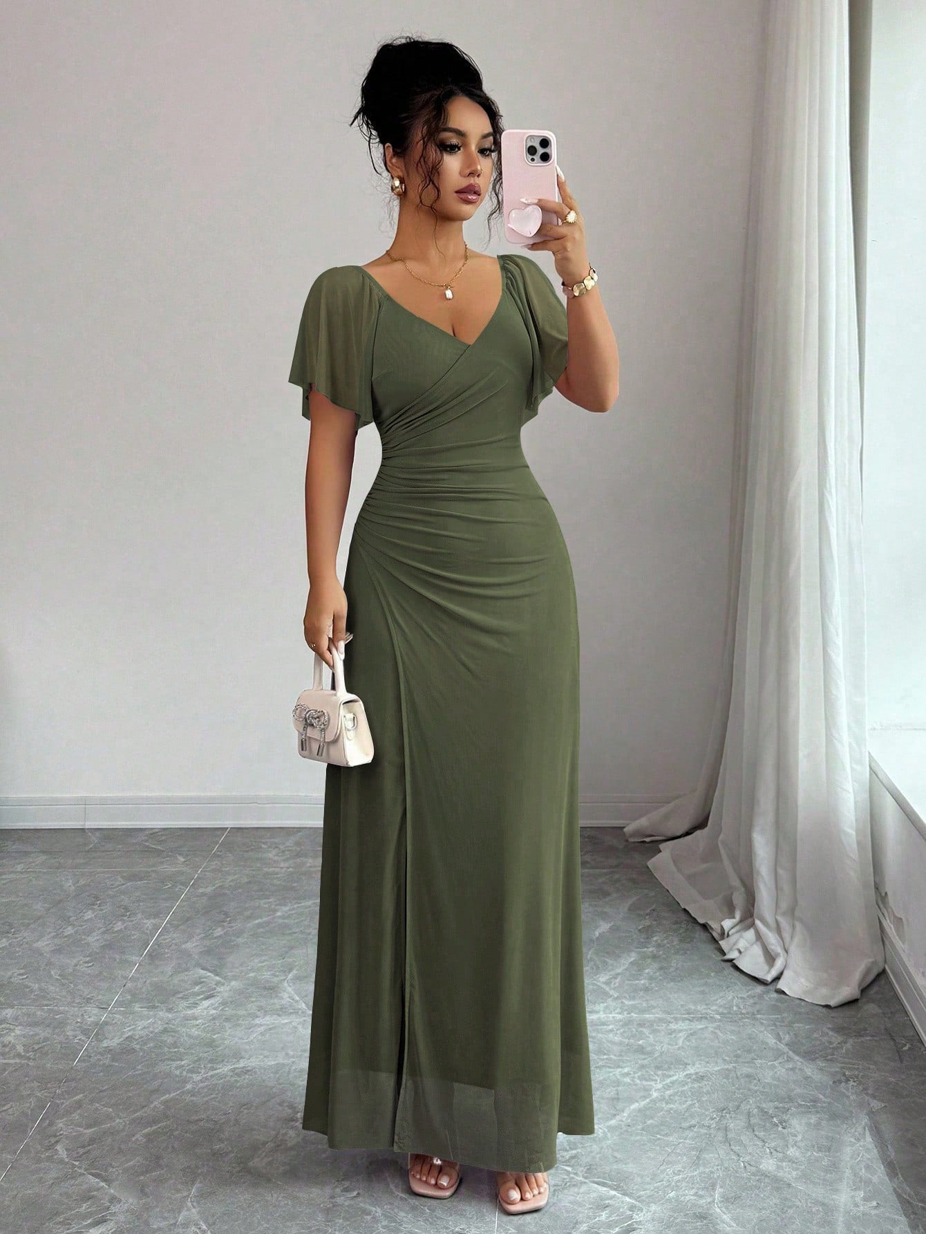 Flutter-sleeve Pleated Elegant Sheath Dress