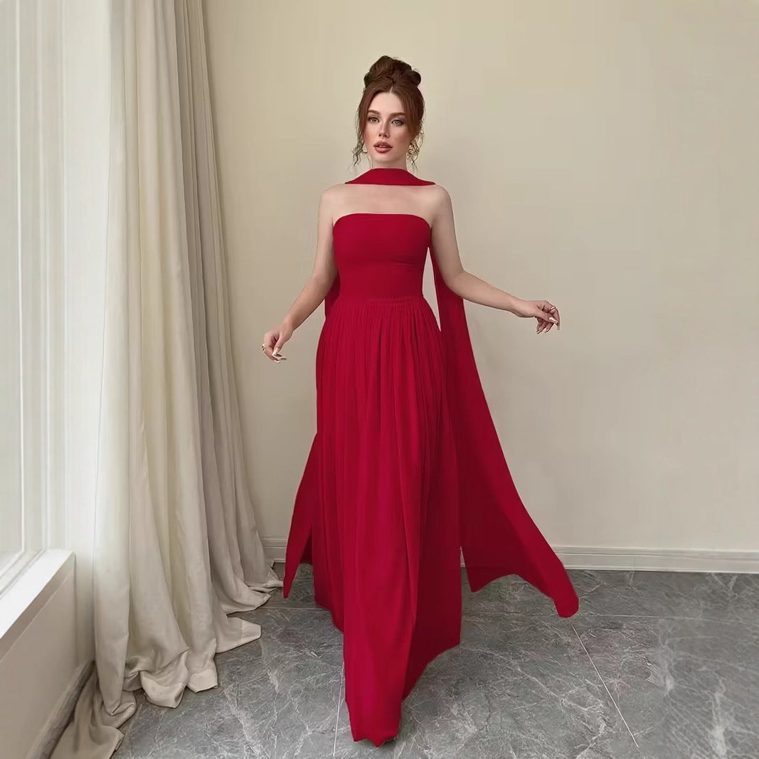Ruffled Sleeveless Tube Top Maxi Dress With Flowing Ties For Women