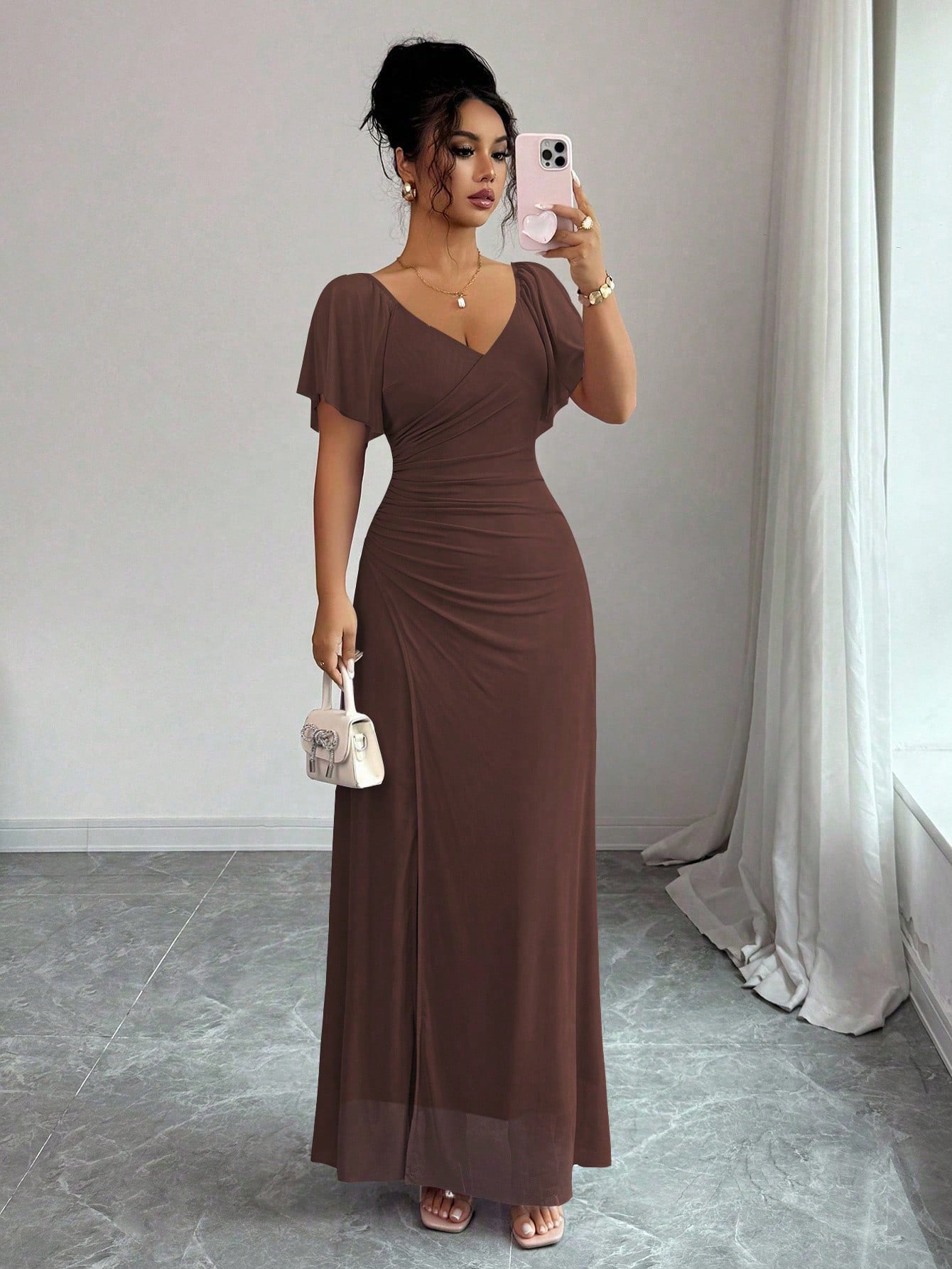 Flutter-sleeve Pleated Elegant Sheath Dress