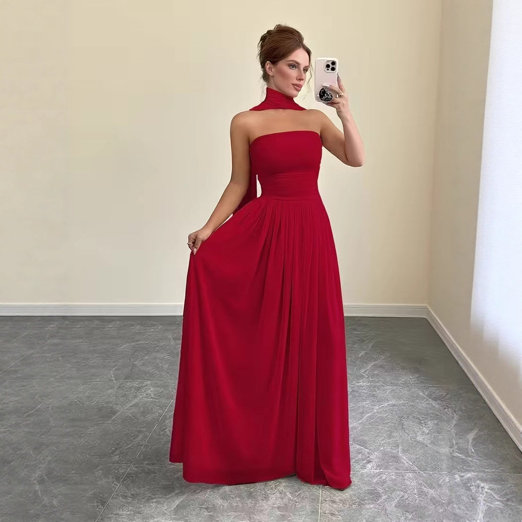 Ruffled Sleeveless Tube Top Maxi Dress With Flowing Ties For Women
