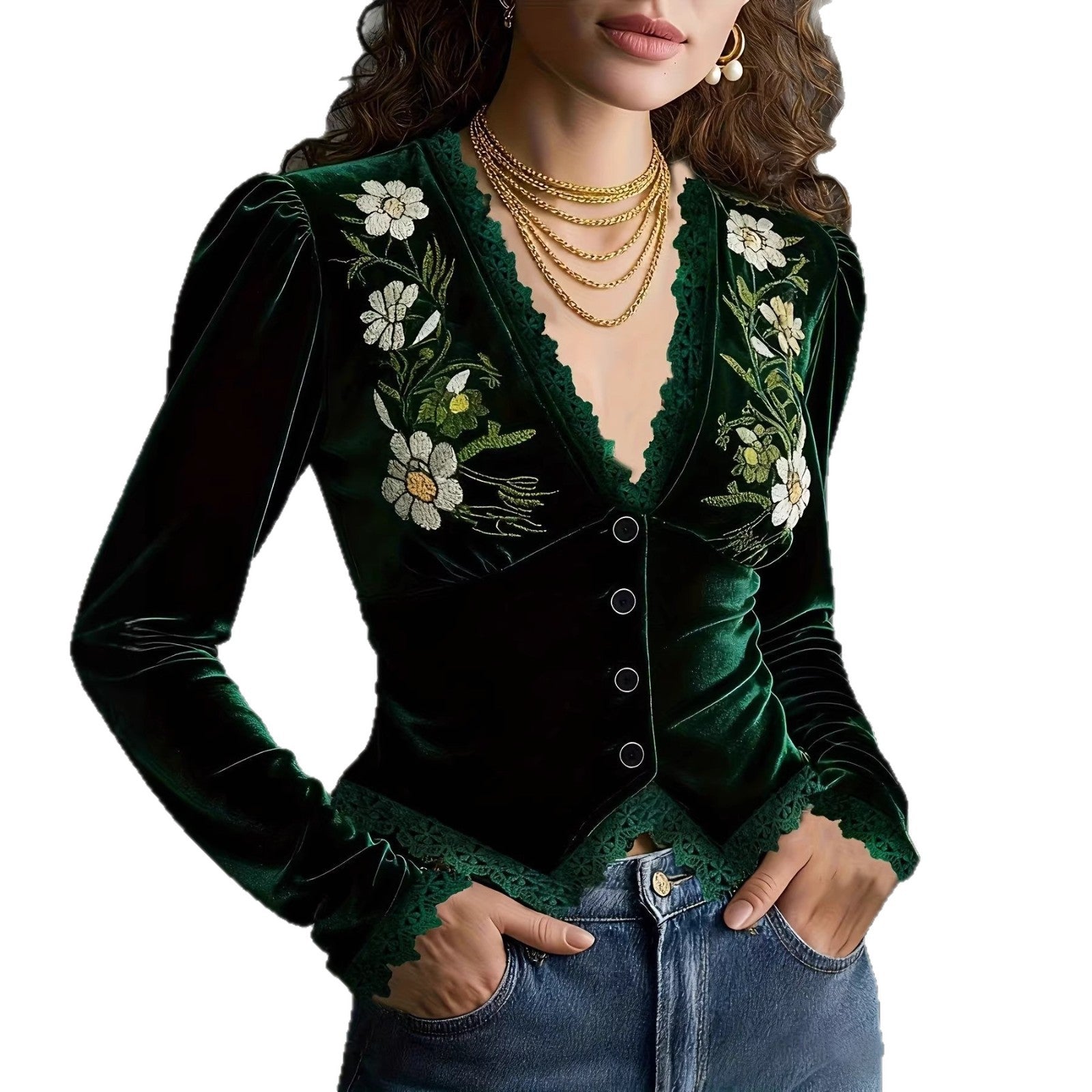 Women's Retro Fashion V-Neck Puff Sleeve Shirt