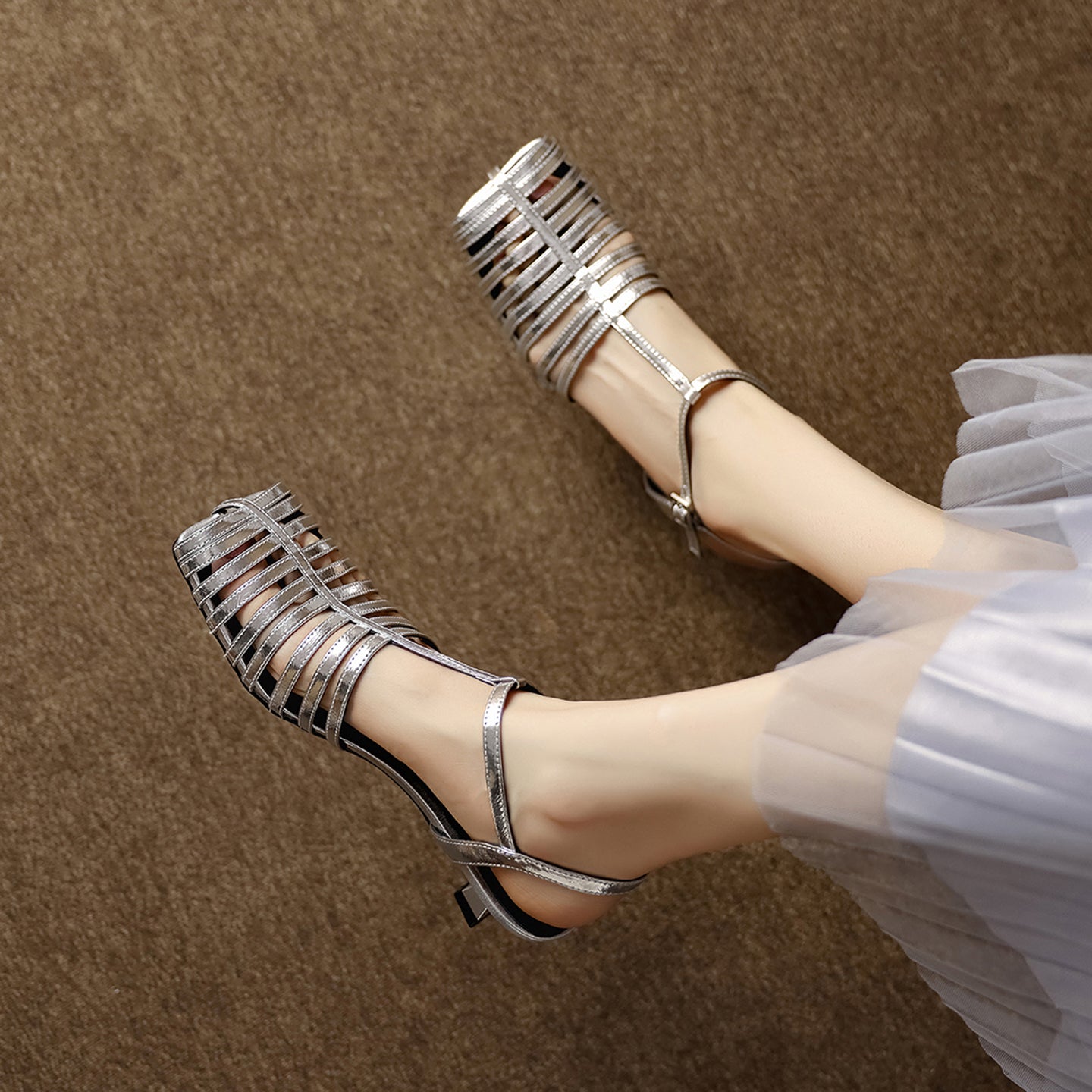 Women's Washed Genuine Lambskin Cage Sandals, T-Strap Slingback Kitten Heel Shoes