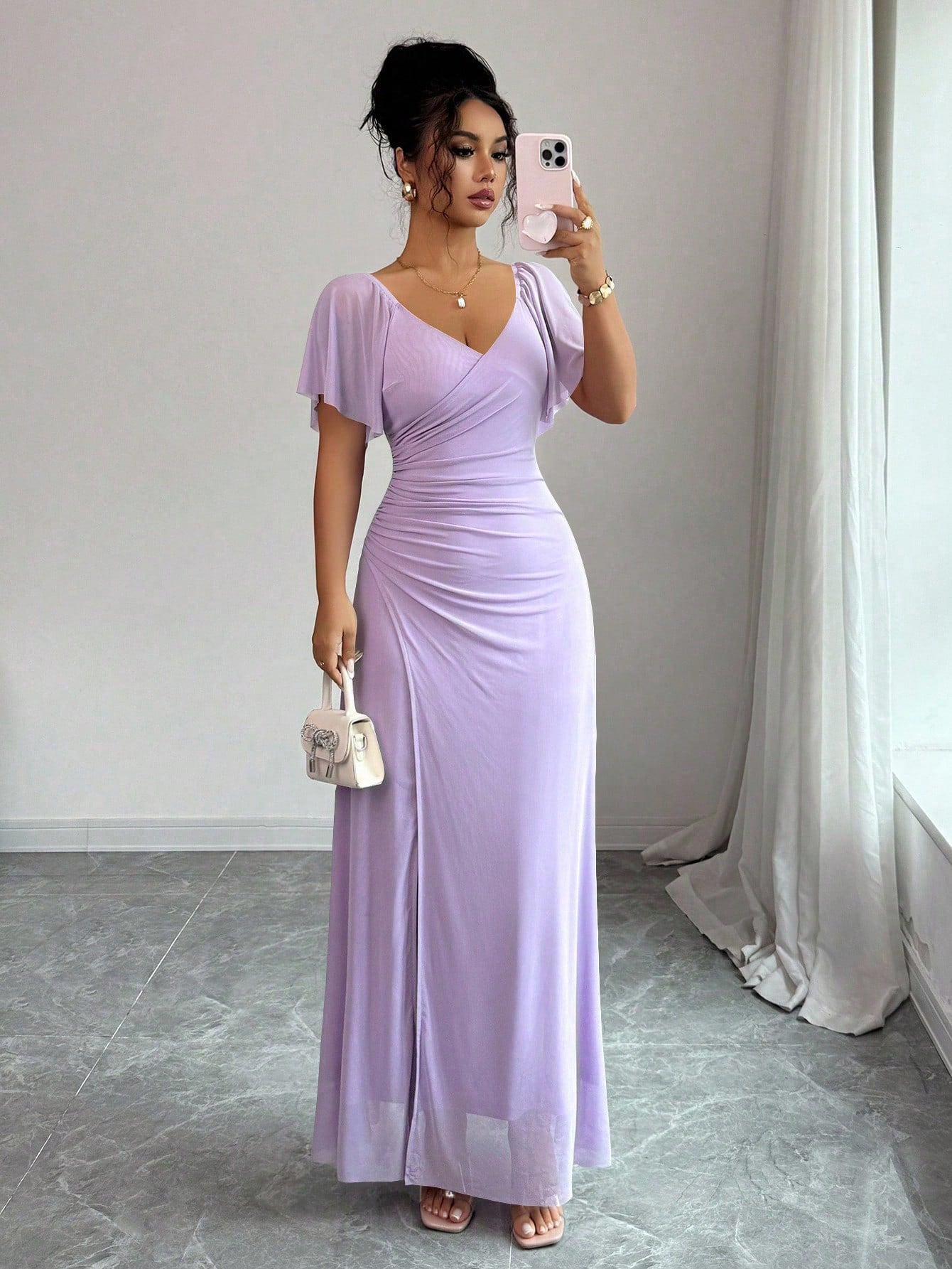 Flutter-sleeve Pleated Elegant Sheath Dress