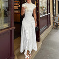 French Style Polka Dot Round Neck Waist-Cinched Swing Maxi Dress