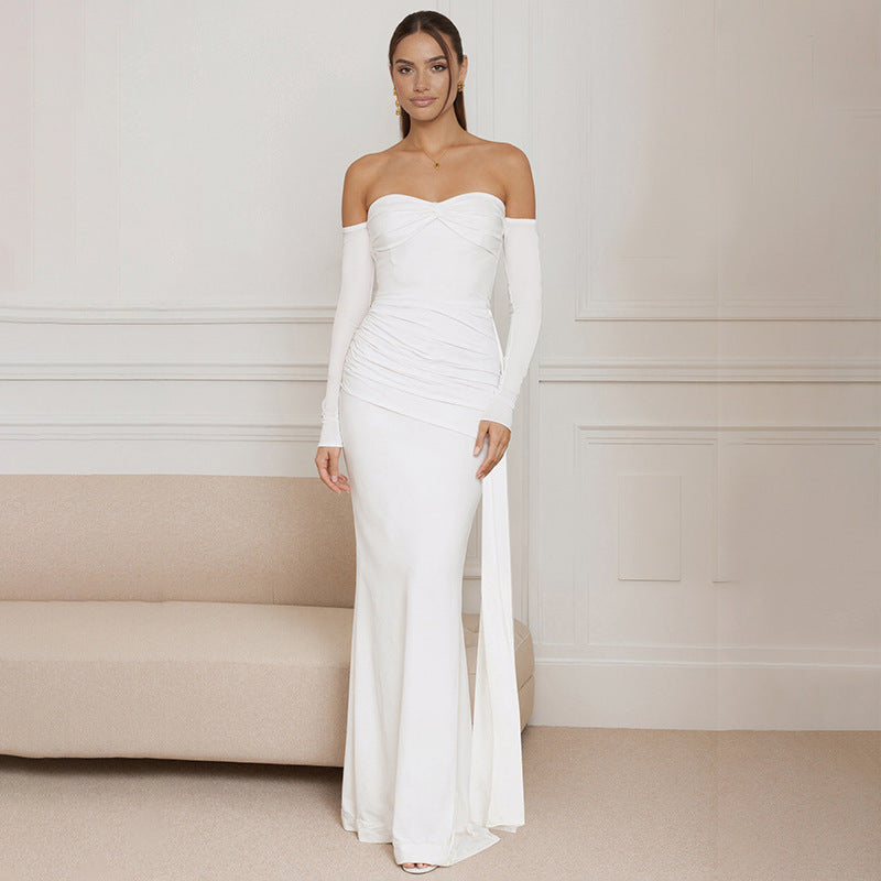 Solid Color Off-shoulder Long Sleeve Pleated Maxi Dress Women
