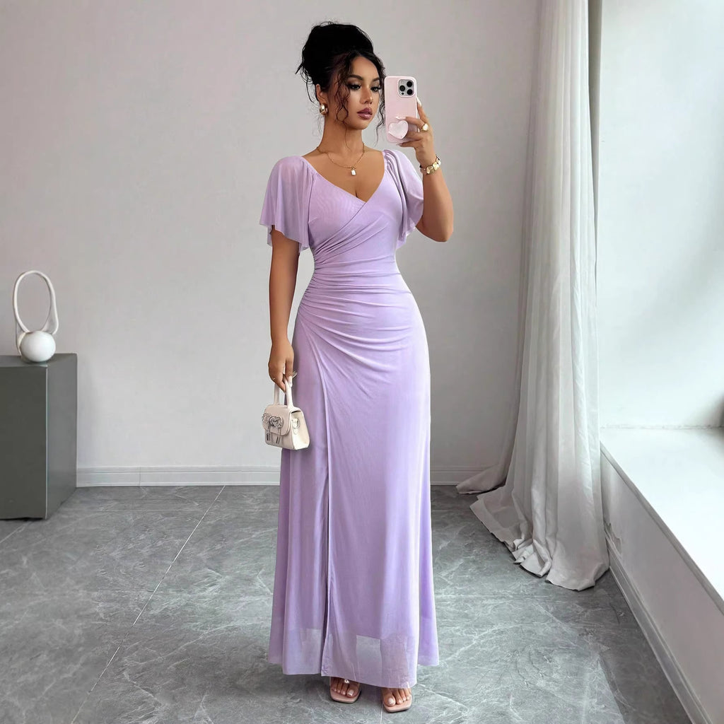 Flutter-sleeve Pleated Elegant Sheath Dress