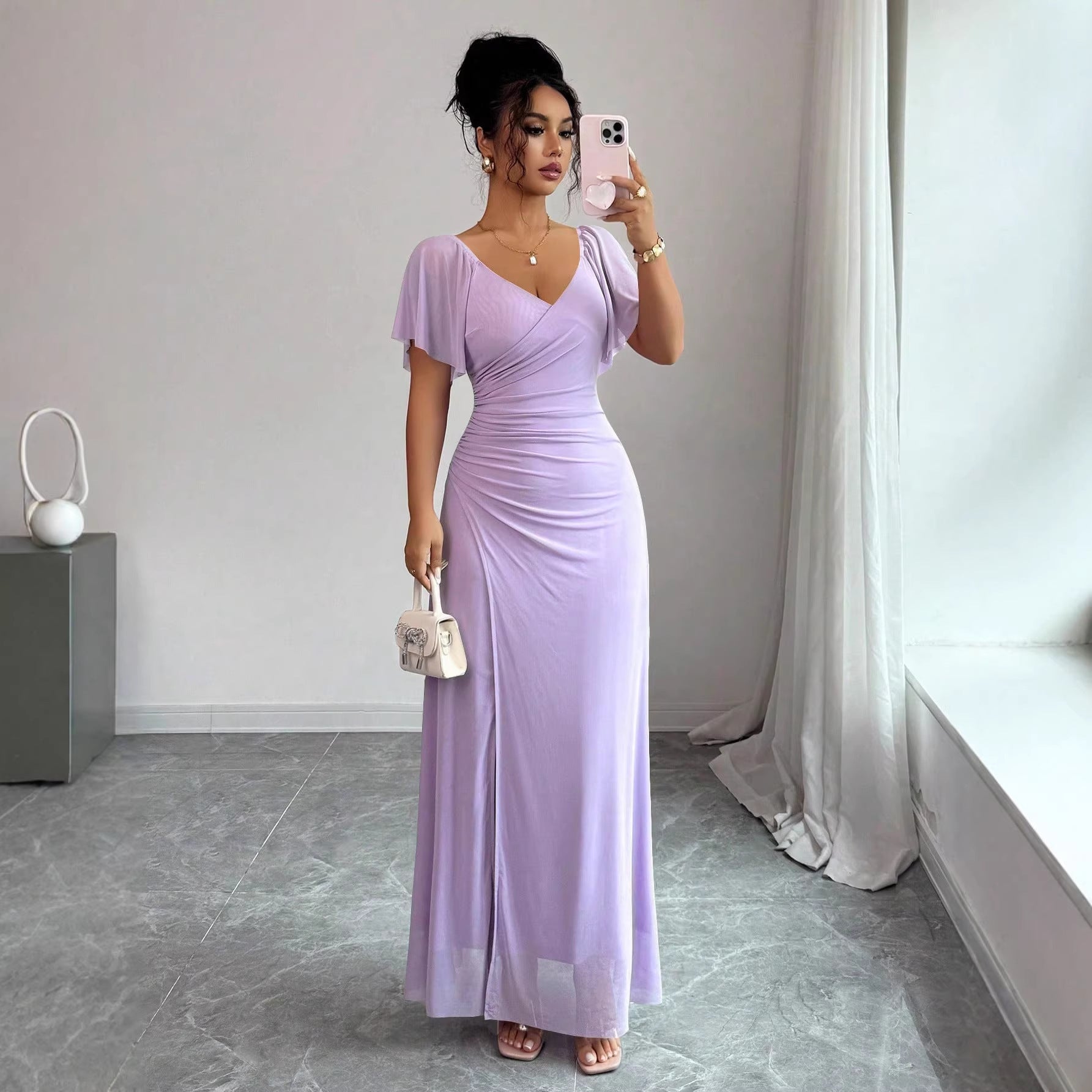 Flutter-sleeve Pleated Elegant Sheath Dress