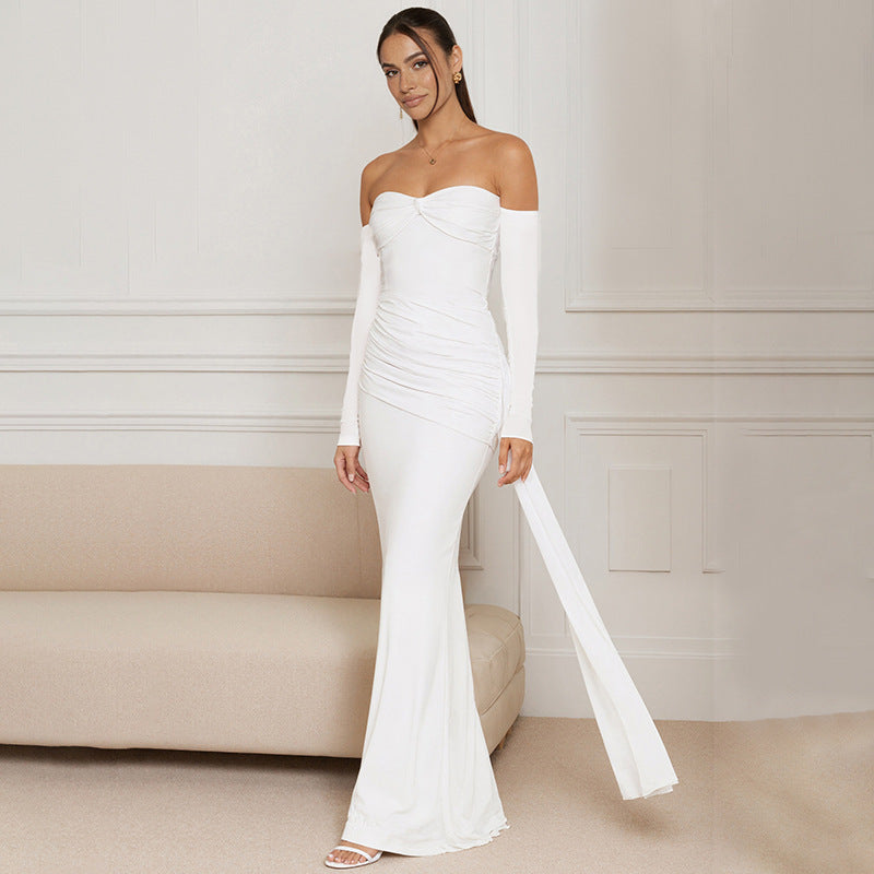 Solid Color Off-shoulder Long Sleeve Pleated Maxi Dress Women