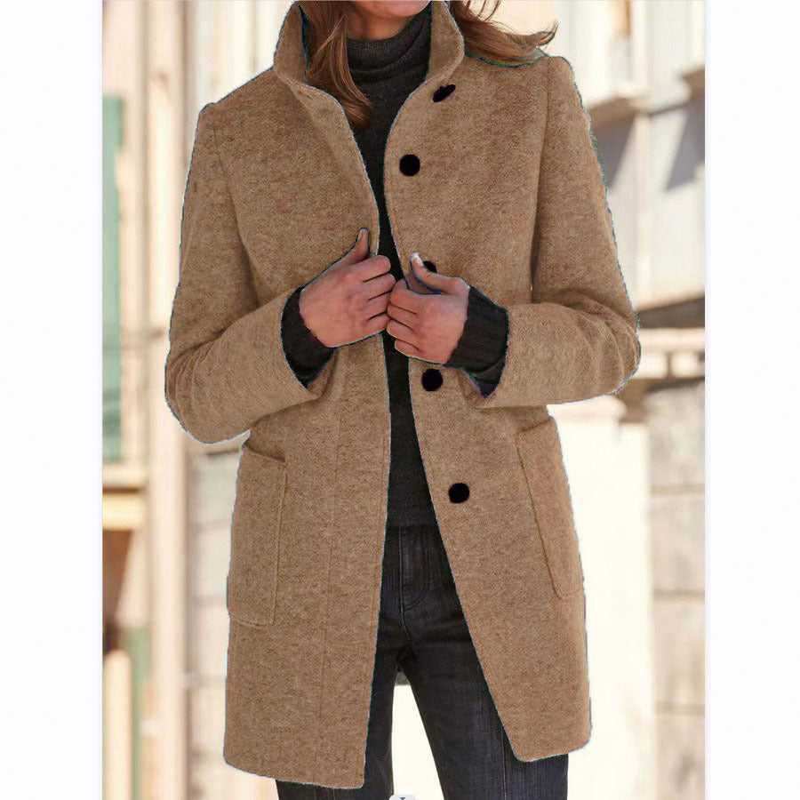 New Retro Solid Color Buttoned Turtleneck Wool Coat
