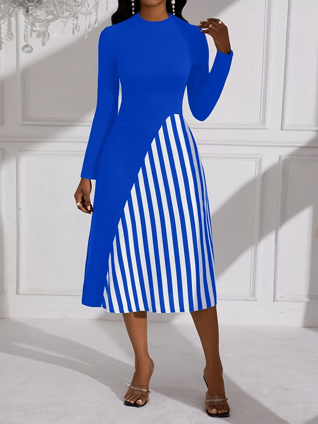 Long-sleeve Color-Block Printed Dress Waist Chain Not Included