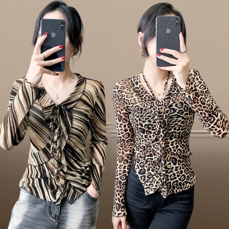 Fashionable Sheer Mesh Floral Long-Sleeve Top For Women