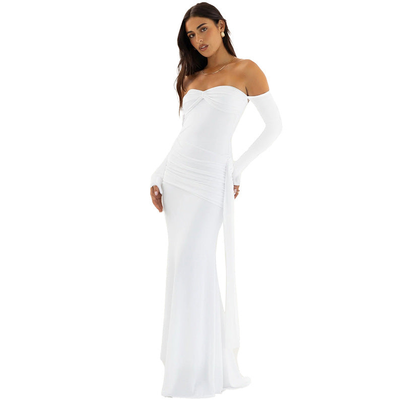 Solid Color Off-shoulder Long Sleeve Pleated Maxi Dress Women