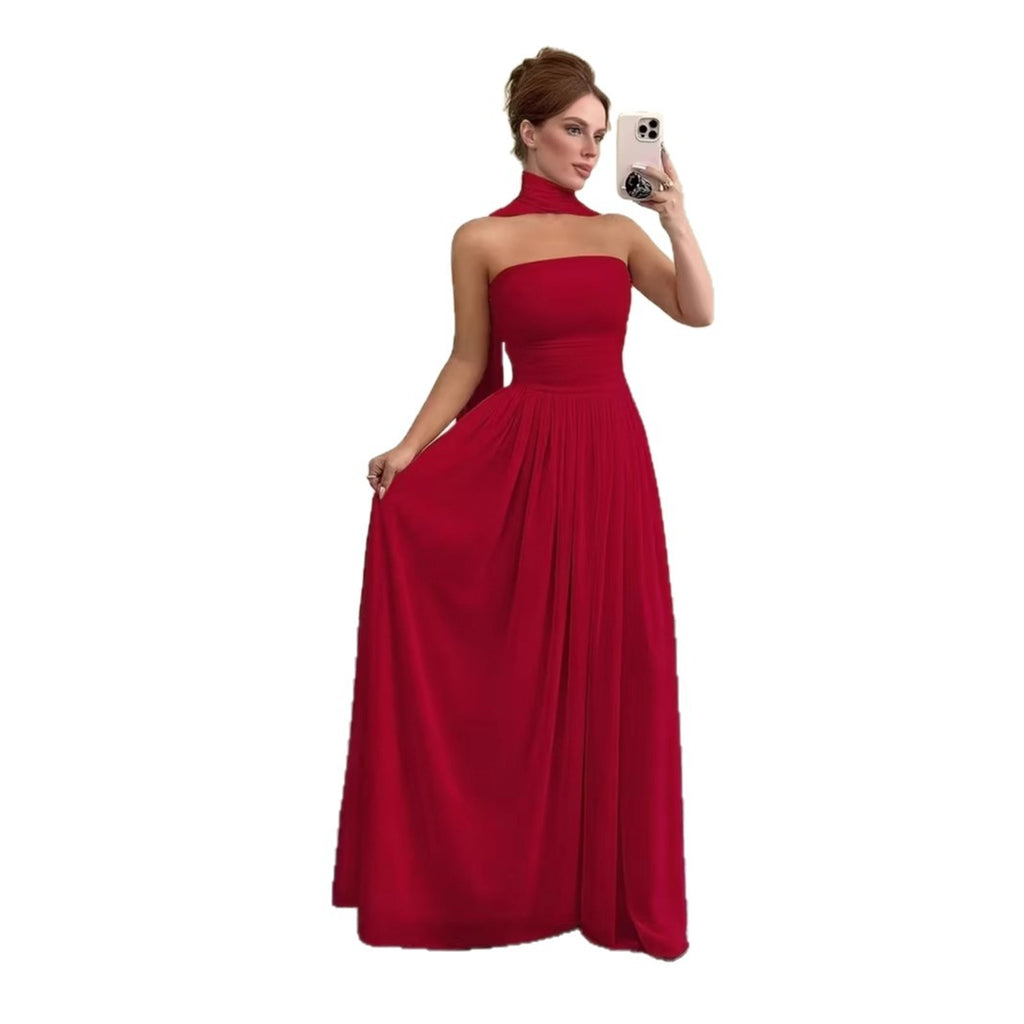 Ruffled Sleeveless Tube Top Maxi Dress With Flowing Ties For Women