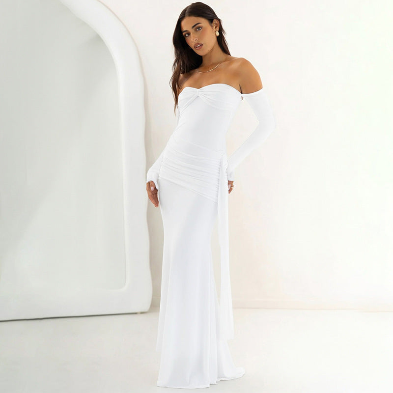 Solid Color Off-shoulder Long Sleeve Pleated Maxi Dress Women