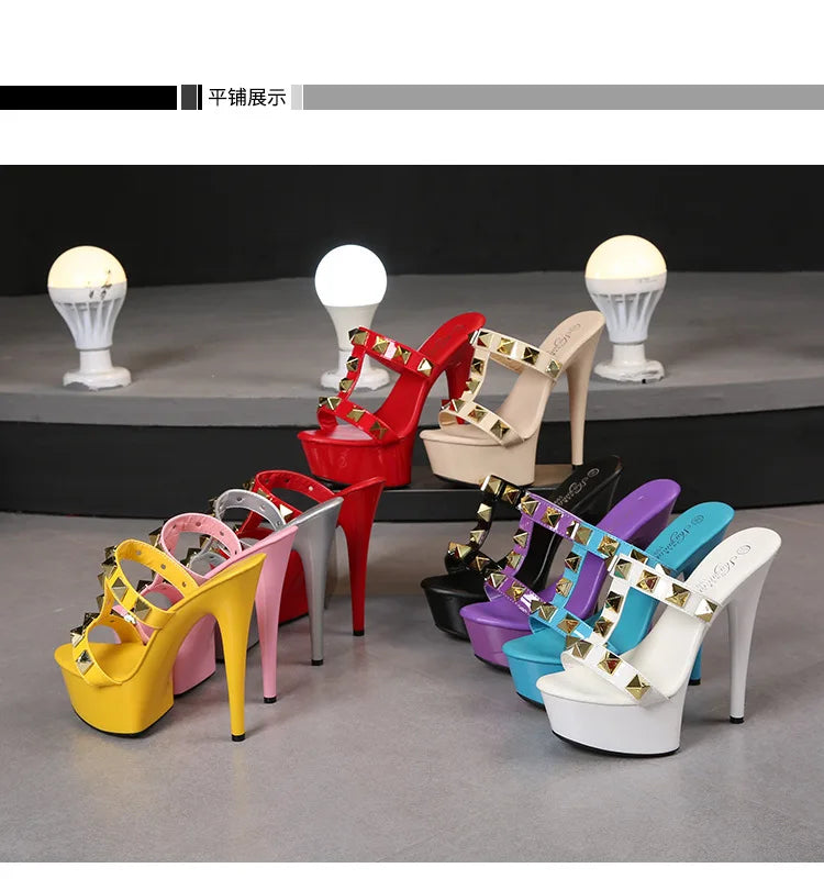 Women's Elegant Sexy High Heels Sandals 13CM15CM Platform with Rivet Open Toe Slip-On Closure for Summer and Autumn