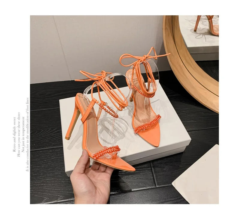 2025 New Style Pearl Stiletto High Heels Lace-Up Closure Tacones Sandals for Ladies Fashionable & Breathable for Summer & Autumn