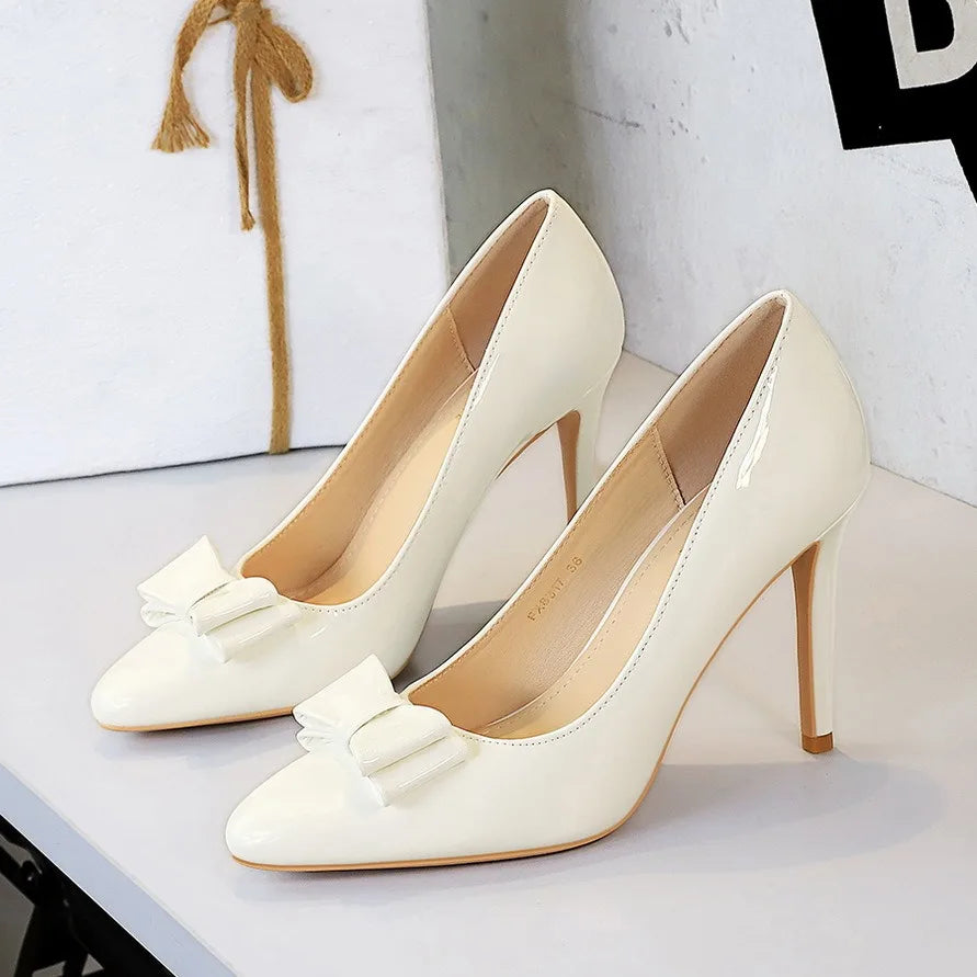 Women's Stylish Temperament Patent Leather Shiny Pointed Toe Shoes High Heels with Thin Heels Bow Stiletto for Women