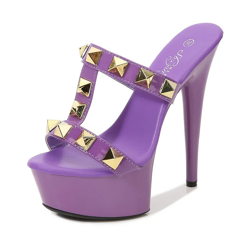 Women's Elegant Sexy High Heels Sandals 13CM15CM Platform with Rivet Open Toe Slip-On Closure for Summer and Autumn