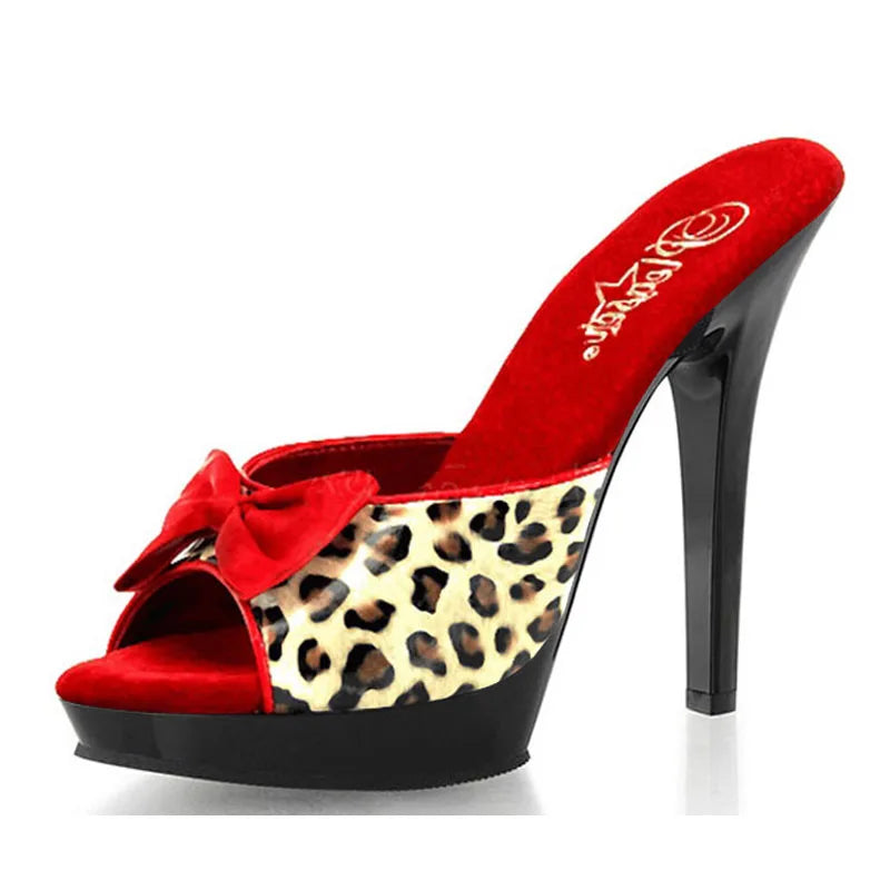 Gladiator Peep Toe 5Inch Bowknot Thin Heels Cross Dressing 13cm Sexy Fetish Leopard Print Platform Slippers Stripper Models New