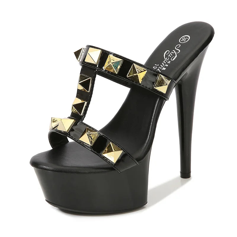 Women's Elegant Sexy High Heels Sandals 13CM15CM Platform with Rivet Open Toe Slip-On Closure for Summer and Autumn