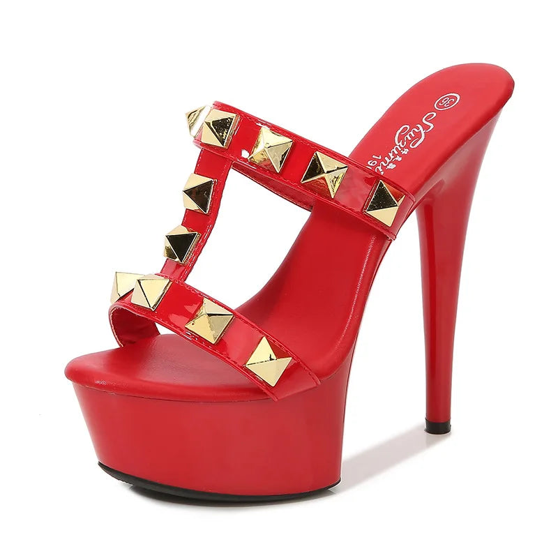 Women's Elegant Sexy High Heels Sandals 13CM15CM Platform with Rivet Open Toe Slip-On Closure for Summer and Autumn