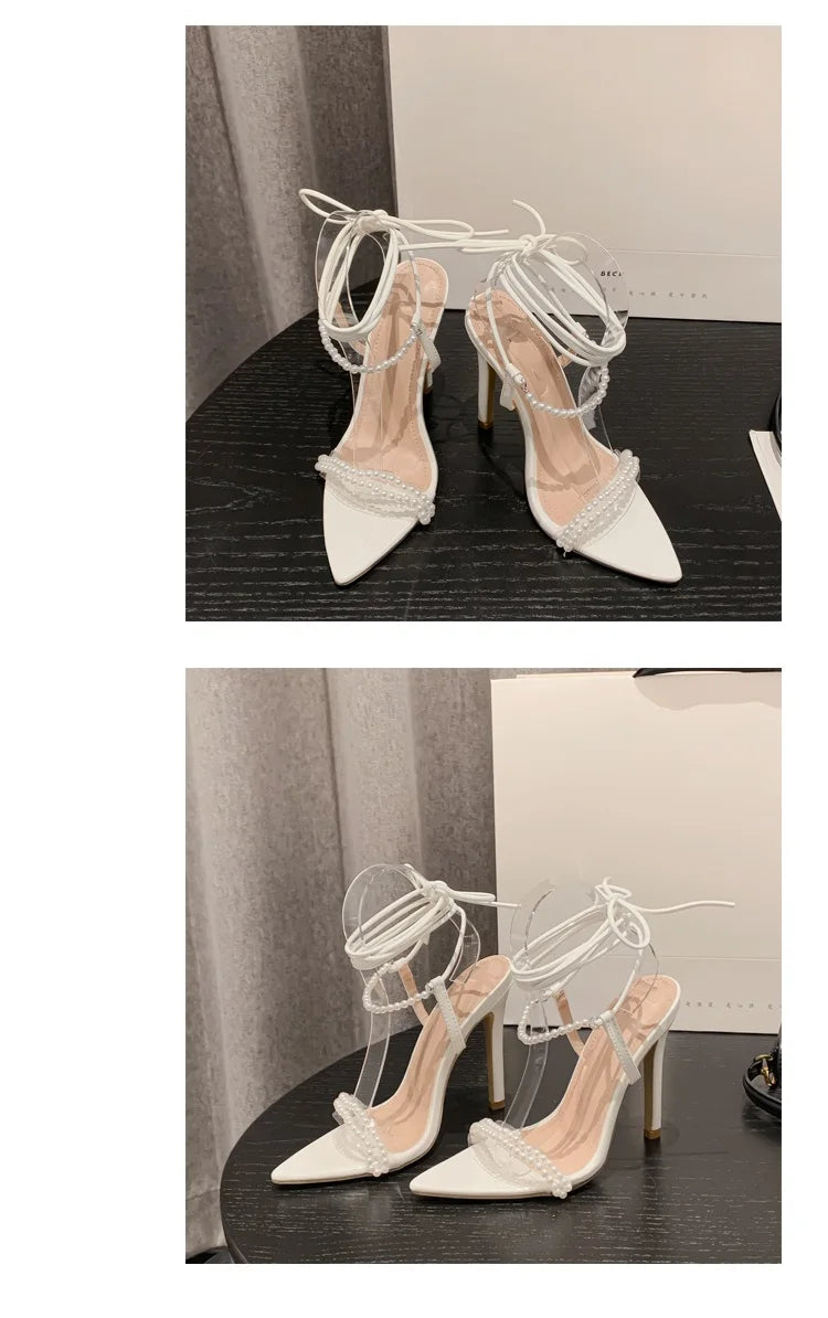 2025 New Style Pearl Stiletto High Heels Lace-Up Closure Tacones Sandals for Ladies Fashionable & Breathable for Summer & Autumn