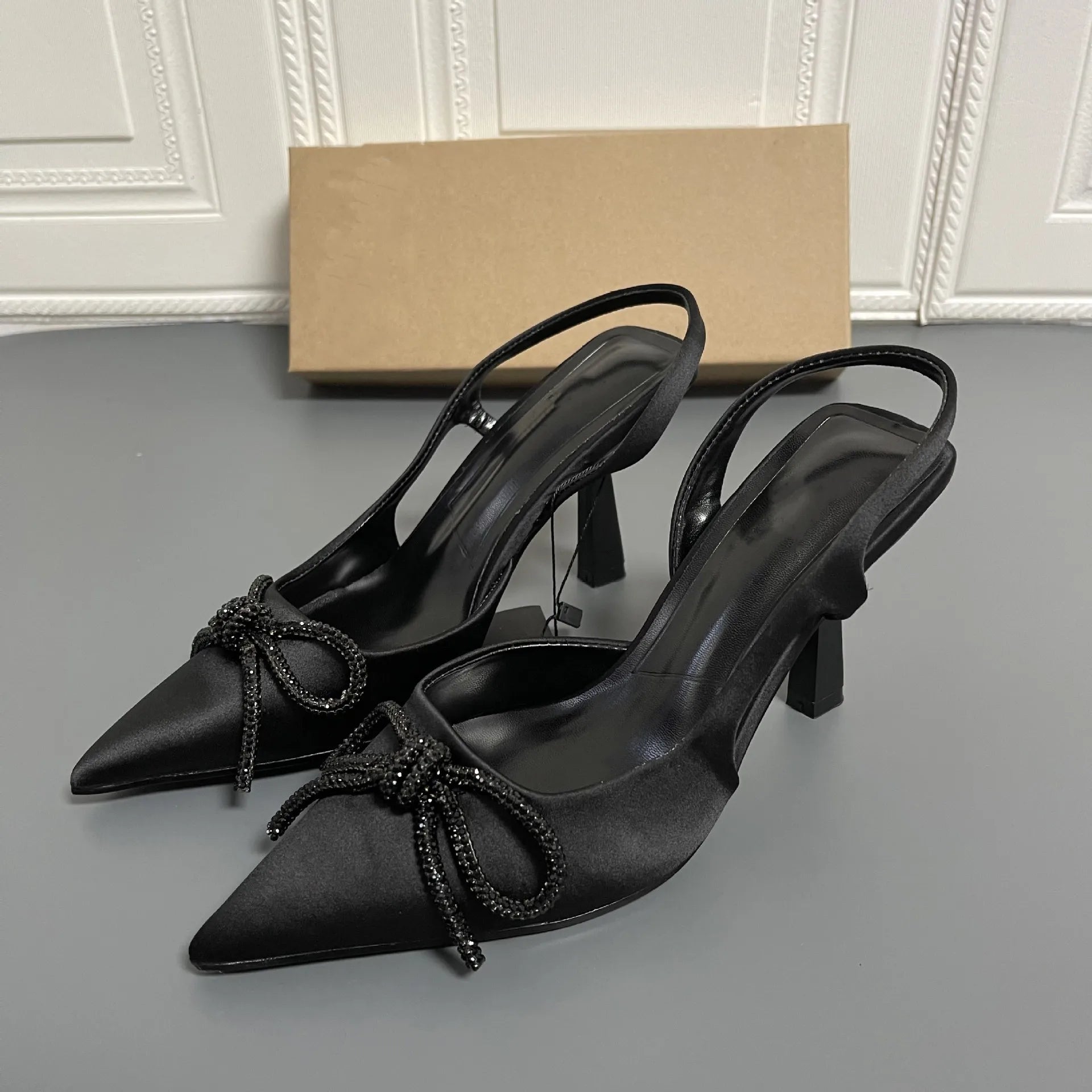 Bow Tie Silk Front Bag and Back Empty Sandals Bag with High Heels, Slim Heels, and High-end Women's High Heels for Commuting