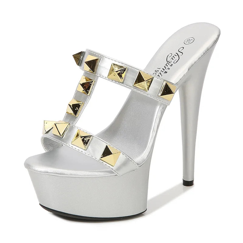 Women's Elegant Sexy High Heels Sandals 13CM15CM Platform with Rivet Open Toe Slip-On Closure for Summer and Autumn