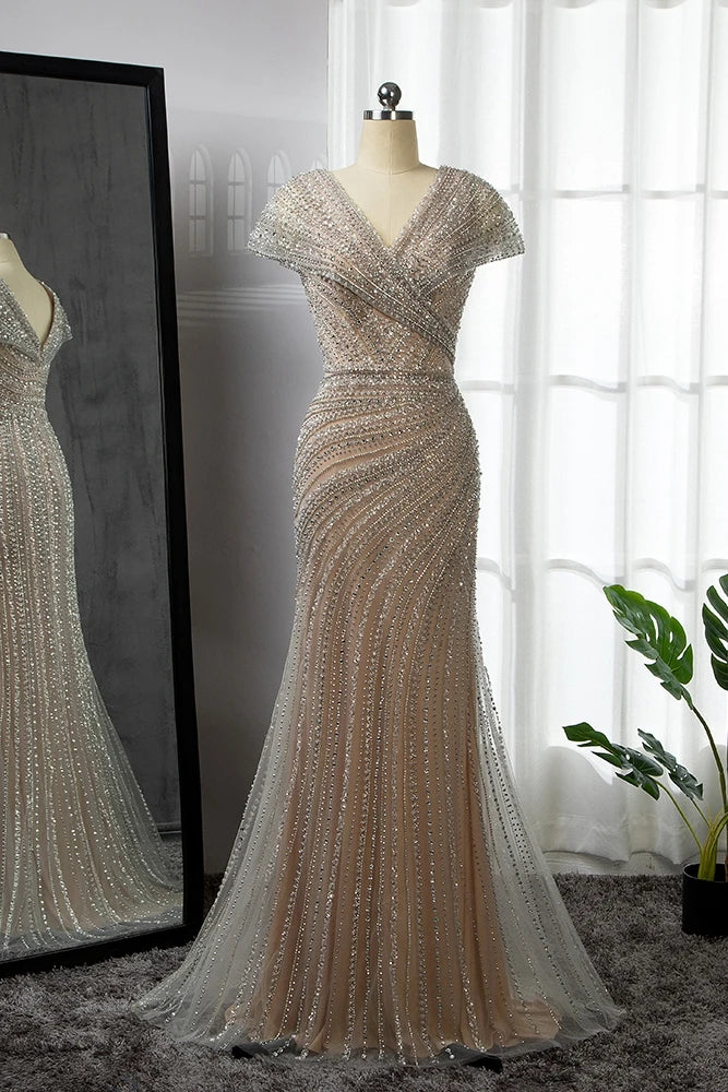 Feishiluo Elegant Luxury Evening Dresses for Women New Arrival High Quality Sexy Party Prom Gown Sequined Bead Natural