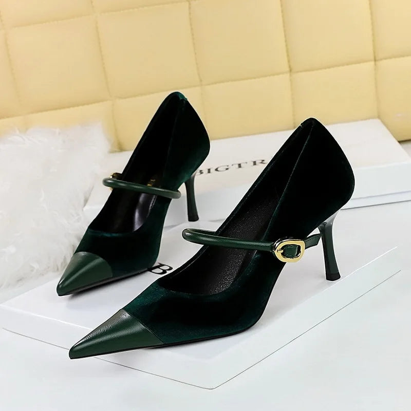 Shoes New Buckle Designer Women Pumps Pointed Suede Stilettos 7cm 10cm Large Size 43 High Heels for Ladies