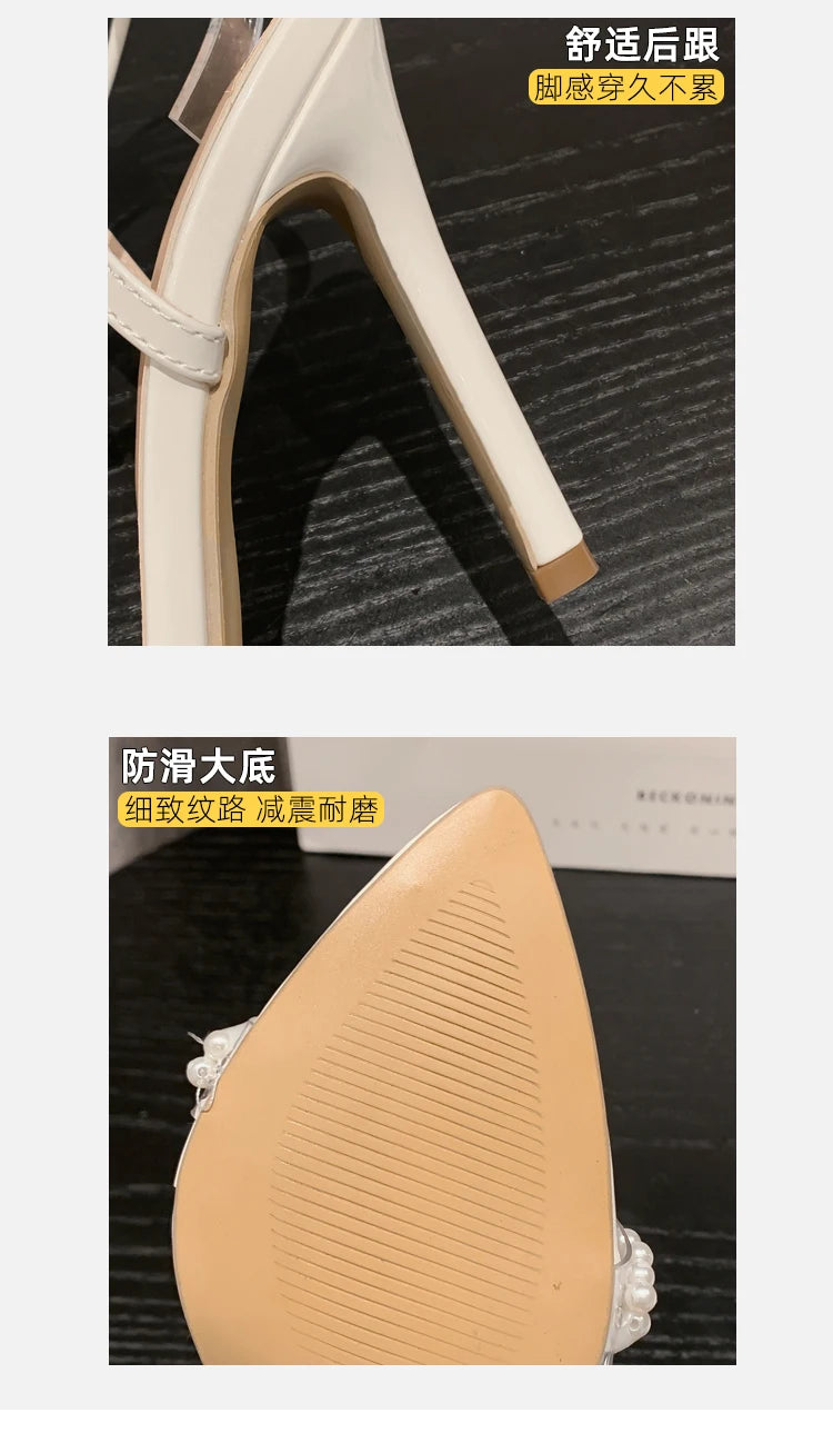 2025 New Style Pearl Stiletto High Heels Lace-Up Closure Tacones Sandals for Ladies Fashionable & Breathable for Summer & Autumn