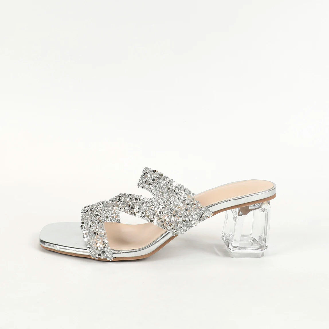2024 Summer New Shiny Rhinestone Transparent Crystal Heel Thick Heel Sandals Women's Party slippers
