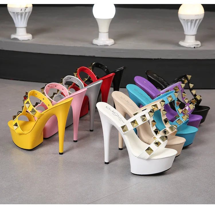 Women's Elegant Sexy High Heels Sandals 13CM15CM Platform with Rivet Open Toe Slip-On Closure for Summer and Autumn