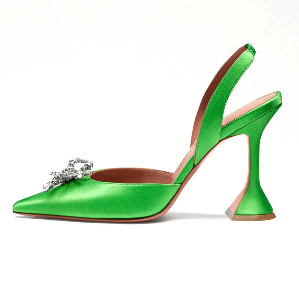 Crystal Embellished Satin Sparkle Bow Closed Toe Sandals Black Sling Back Heels