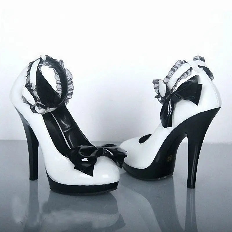 High Heels Women's Shoes13 cm Platform High Heels Fashionable Spring and Autumn Elegant Women's Bow Sweet White Lace Thin Heel