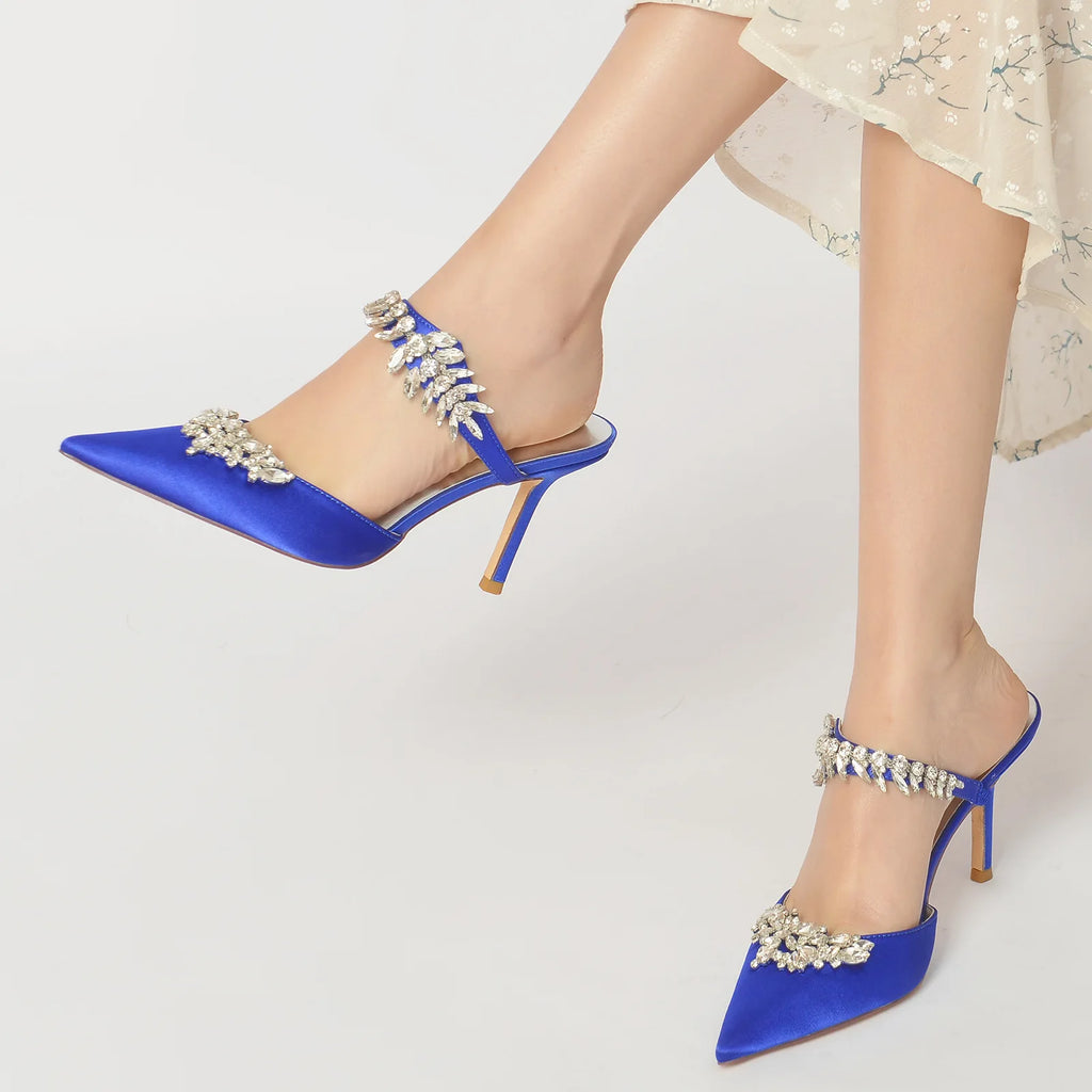 2025 Women's High Heel Pointed Toe Diamond Half-Toe Slippers for Weddings, Bridal Shoes, Matron of Honor Shoes, Banquet Shoes
