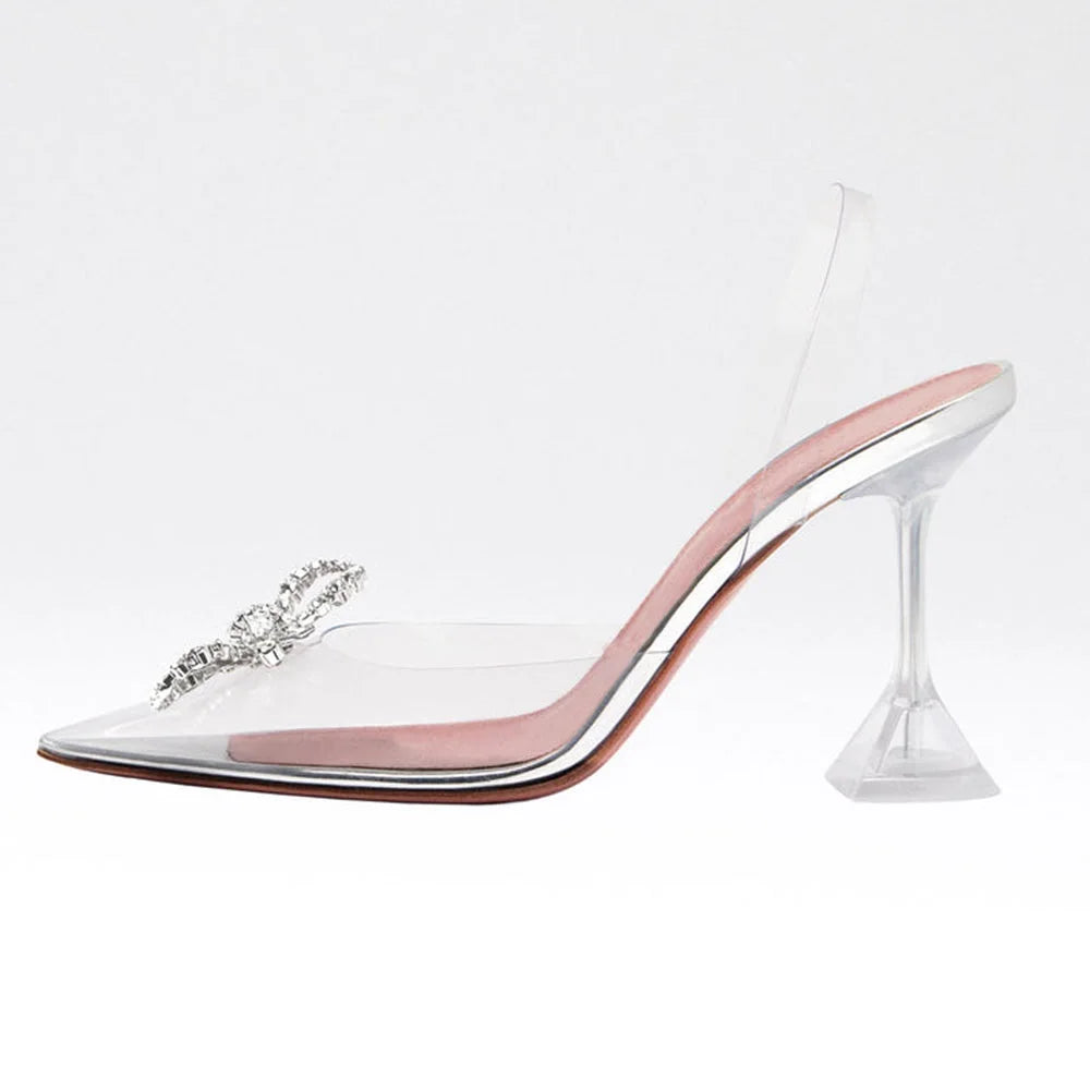 Crystal Embellished Satin Sparkle Bow Closed Toe Sandals Black Sling Back Heels