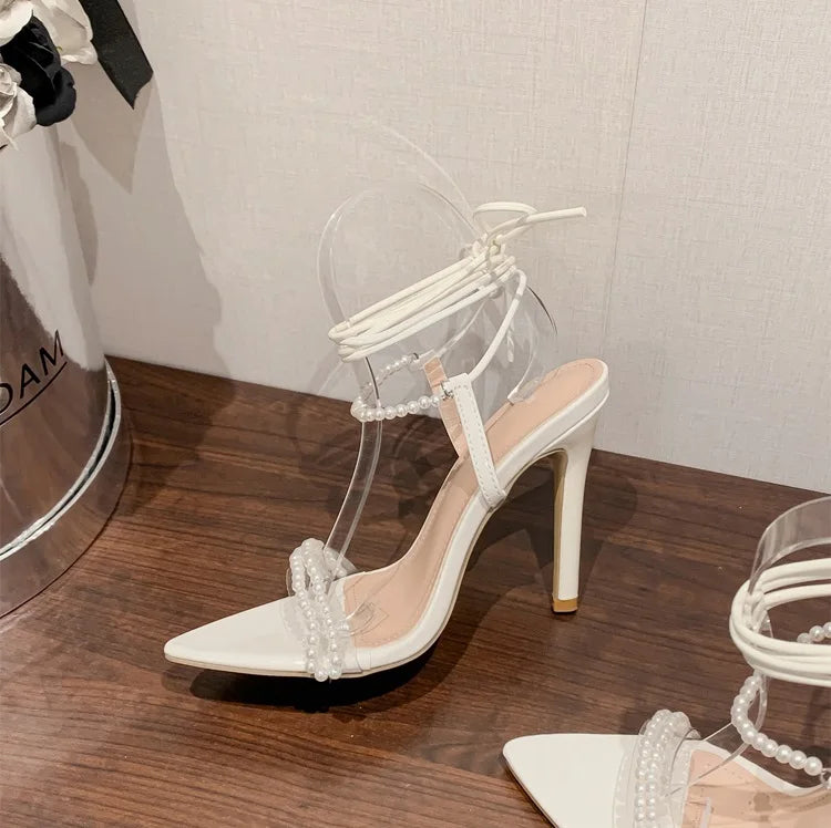 2025 New Style Pearl Stiletto High Heels Lace-Up Closure Tacones Sandals for Ladies Fashionable & Breathable for Summer & Autumn