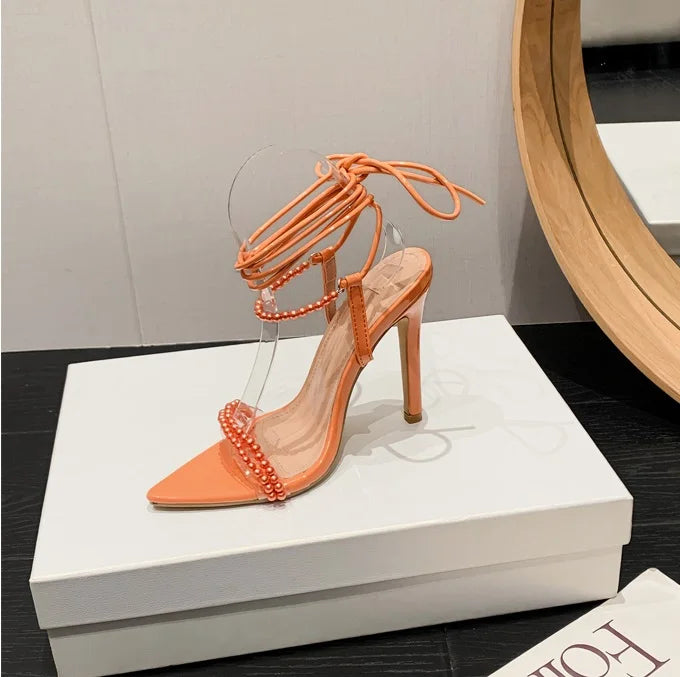 2025 New Style Pearl Stiletto High Heels Lace-Up Closure Tacones Sandals for Ladies Fashionable & Breathable for Summer & Autumn