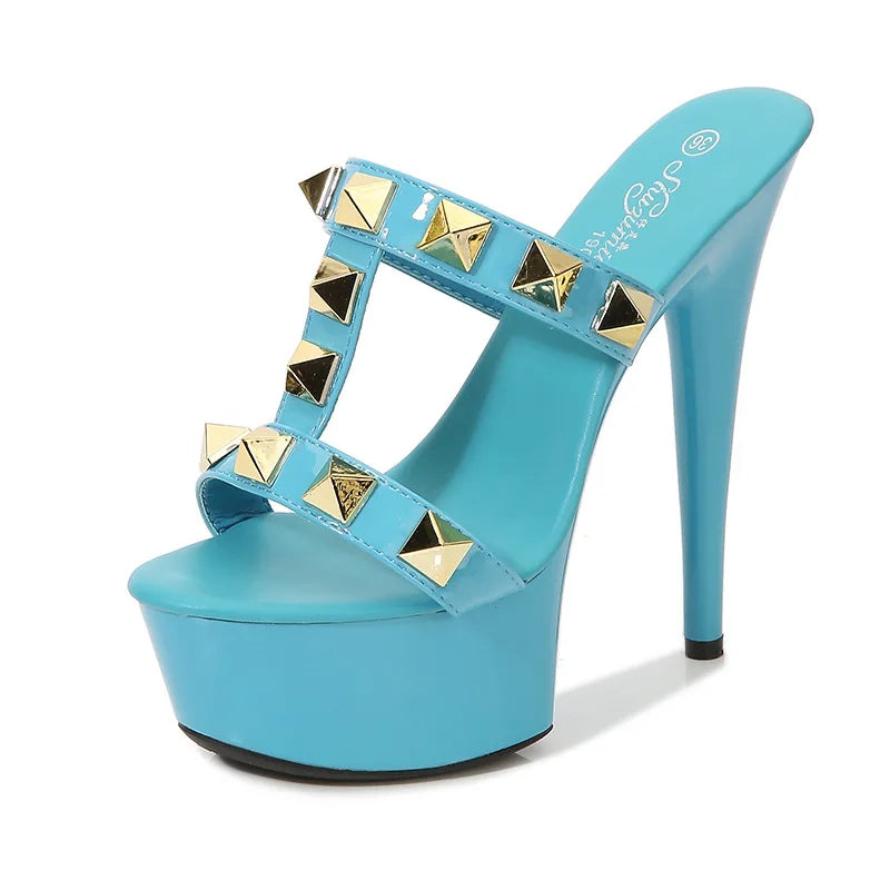 Women's Elegant Sexy High Heels Sandals 13CM15CM Platform with Rivet Open Toe Slip-On Closure for Summer and Autumn