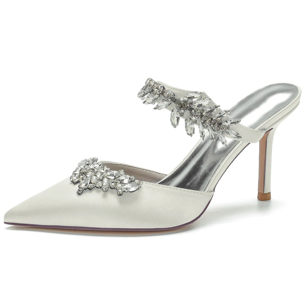 2025 Women's High Heel Pointed Toe Diamond Half-Toe Slippers for Weddings, Bridal Shoes, Matron of Honor Shoes, Banquet Shoes