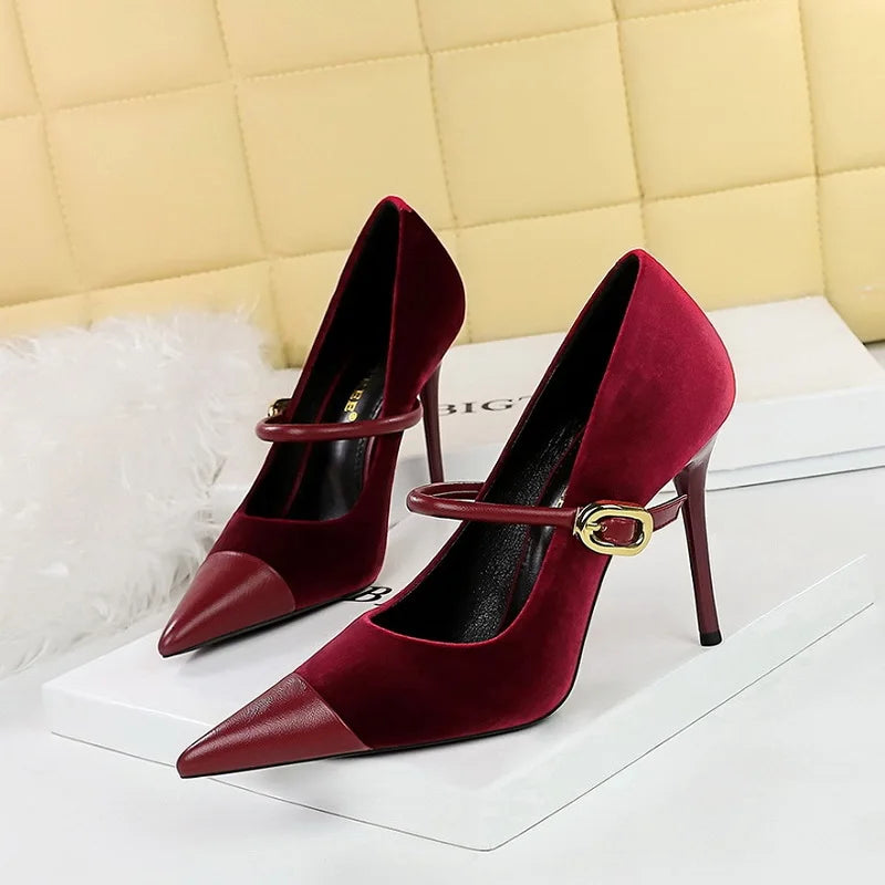 Shoes New Buckle Designer Women Pumps Pointed Suede Stilettos 7cm 10cm Large Size 43 High Heels for Ladies
