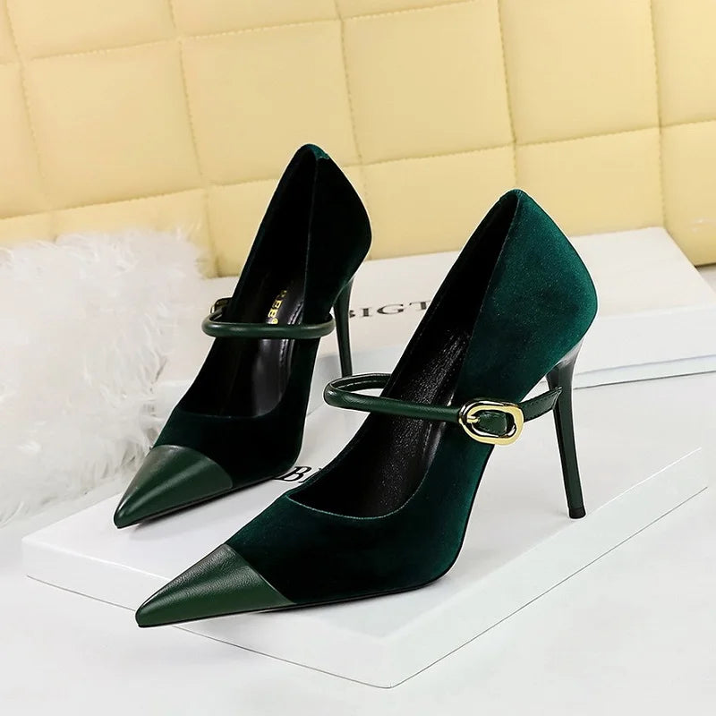 Shoes New Buckle Designer Women Pumps Pointed Suede Stilettos 7cm 10cm Large Size 43 High Heels for Ladies