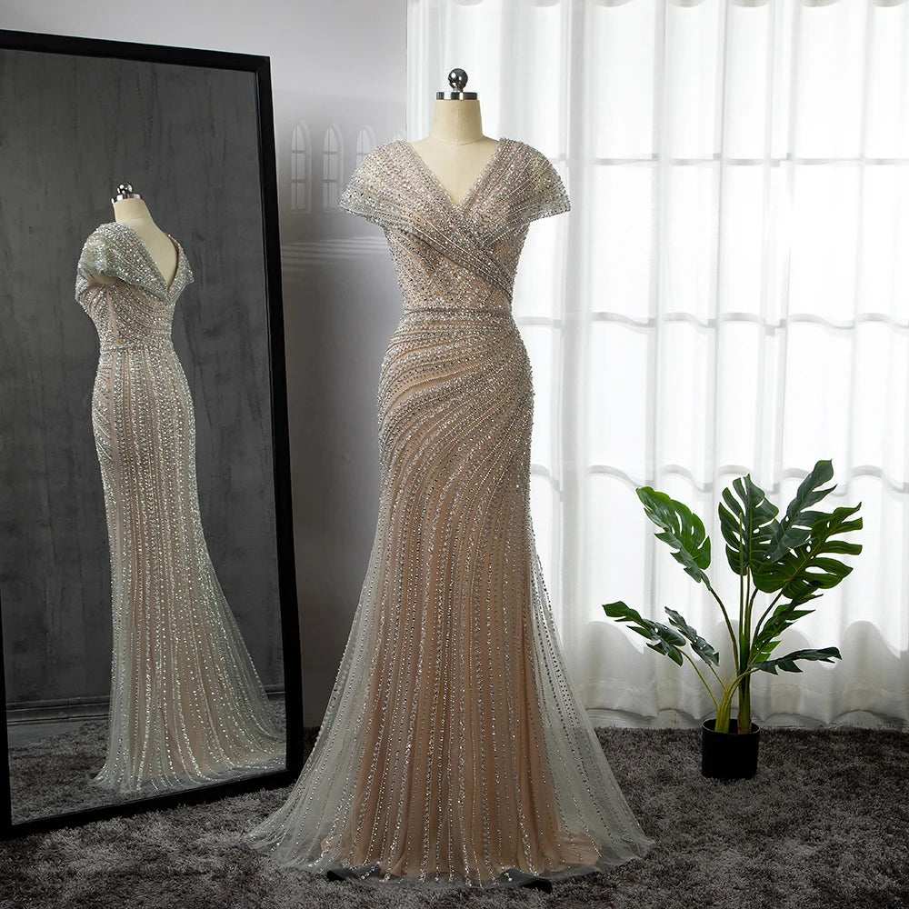 Feishiluo Elegant Luxury Evening Dresses for Women New Arrival High Quality Sexy Party Prom Gown Sequined Bead Natural
