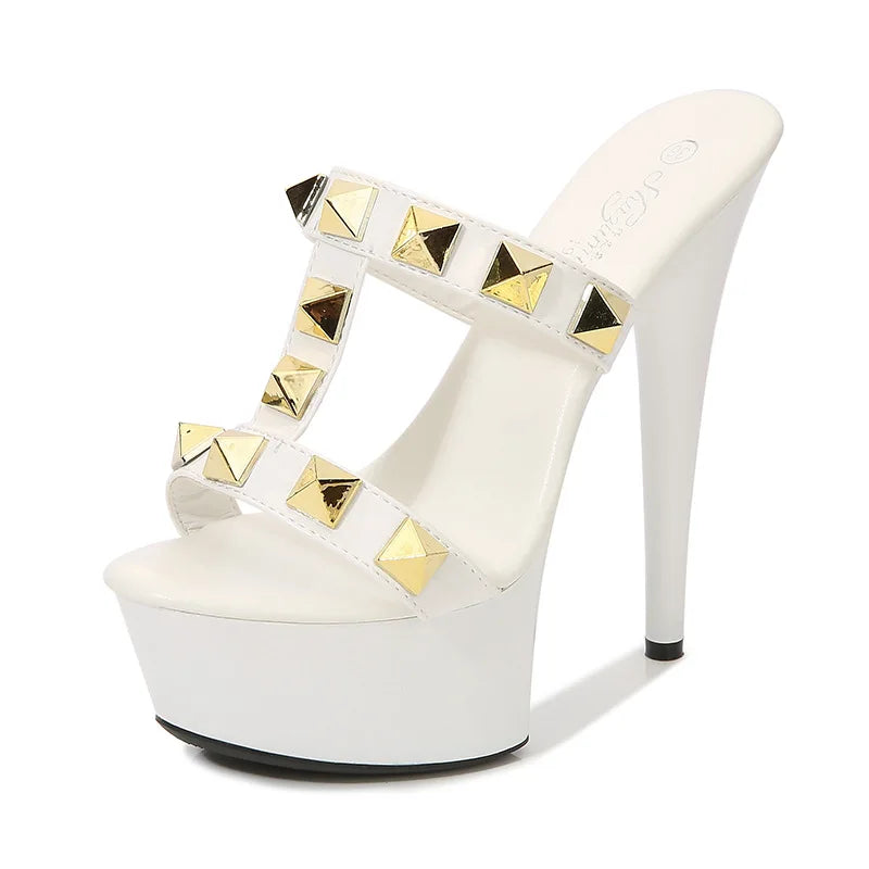 Women's Elegant Sexy High Heels Sandals 13CM15CM Platform with Rivet Open Toe Slip-On Closure for Summer and Autumn