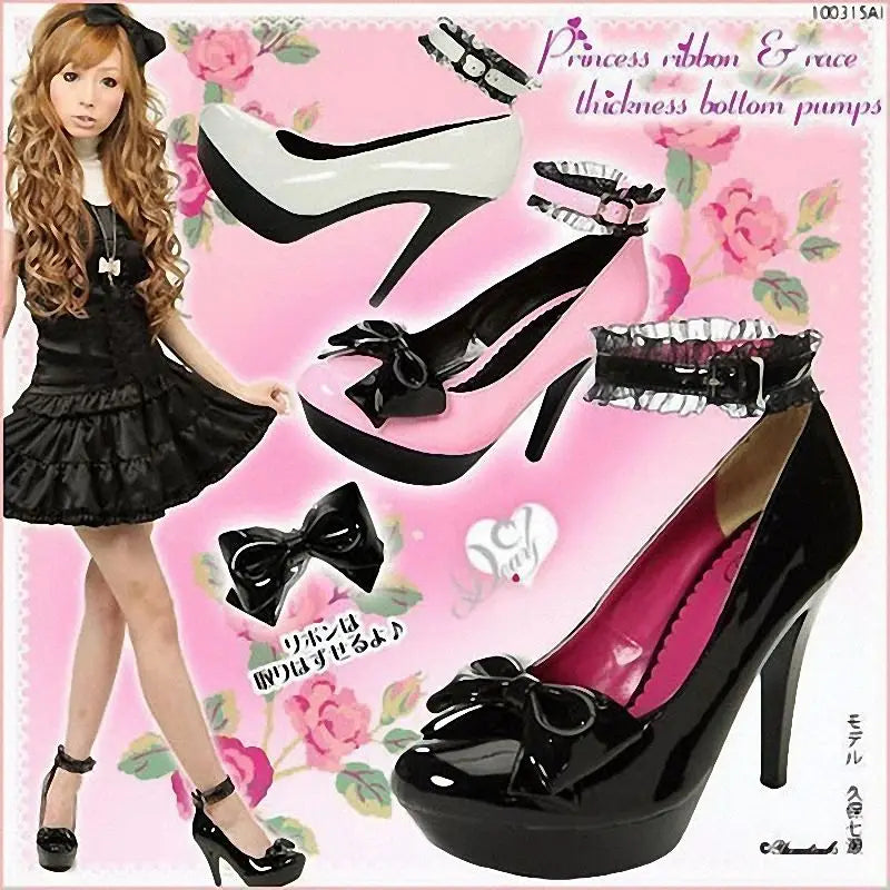 High Heels Women's Shoes13 cm Platform High Heels Fashionable Spring and Autumn Elegant Women's Bow Sweet White Lace Thin Heel