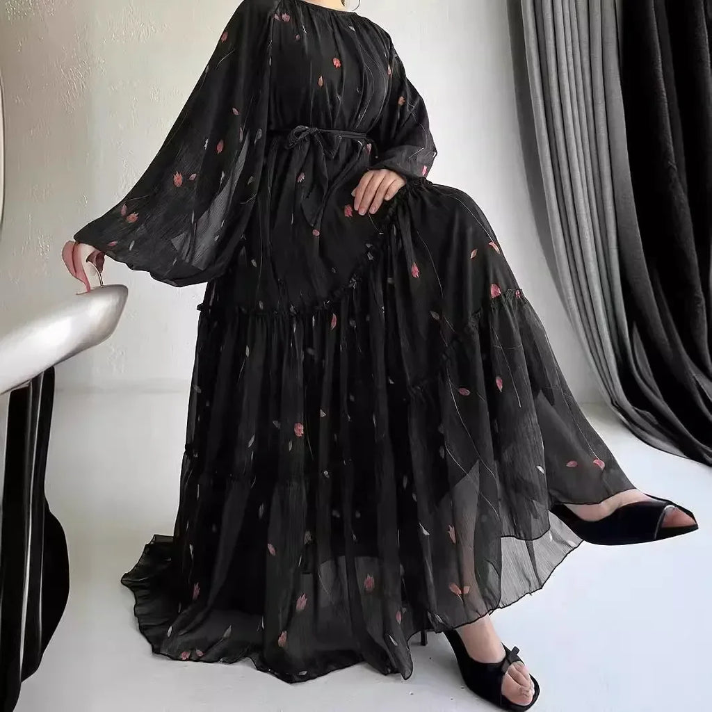 Muslim Women's Dress Casual Fashion Middle Eastern Chiffon Round Neck Tie-Dye with Belt Long Temperament Elegant Arab Dress